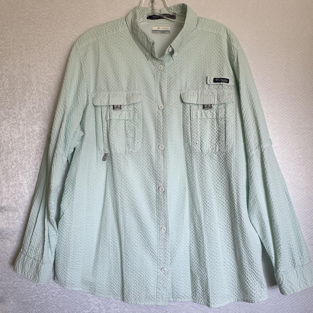 Columbia PFG Super Bahama Shirt Mens XL Green Seersucker‎ Fishing Vented Outdoor